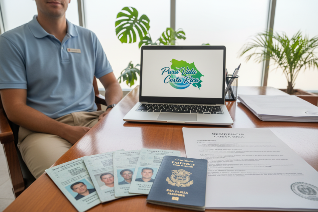 A professional business setting featuring a Caucasian staff member in business casual attire (polo/button-down) sitting at a desk. The focus is on a neat layout of passport copies and documentation essential for Costa Rica residency. In the foreground, an organized array of passport copies, highlighting details like the photo and personal information. In the middle ground, a laptop displays the "Pura Vida Costa Rica" logo, symbolizing the theme of the residency requirements. The background includes soft, natural lighting filtering through a window, with tropical plants subtly placed to evoke the ambiance of Costa Rica. The overall mood is informative and professional, perfect for illustrating passport copy requirements.