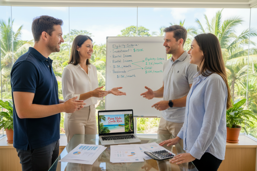 A professional business setting featuring a diverse group of four Caucasian individuals dressed in business casual attire—two men in polo shirts and two women in button-down blouses—discussing financial requirements for Costa Rica residency. In the foreground, a sleek glass table displays financial documents, a calculator, and a laptop open to a webpage titled "Pura Vida Costa Rica." The middle layer shows a whiteboard filled with financial thresholds and eligibility criteria for residency, highlighted with colorful markers. The background features a large window with a view of tropical greenery and a clear blue sky, allowing natural light to illuminate the scene. The overall atmosphere is collaborative and optimistic, reflecting a professional yet relaxed mood ideal for a digital nomad transitioning to residency.