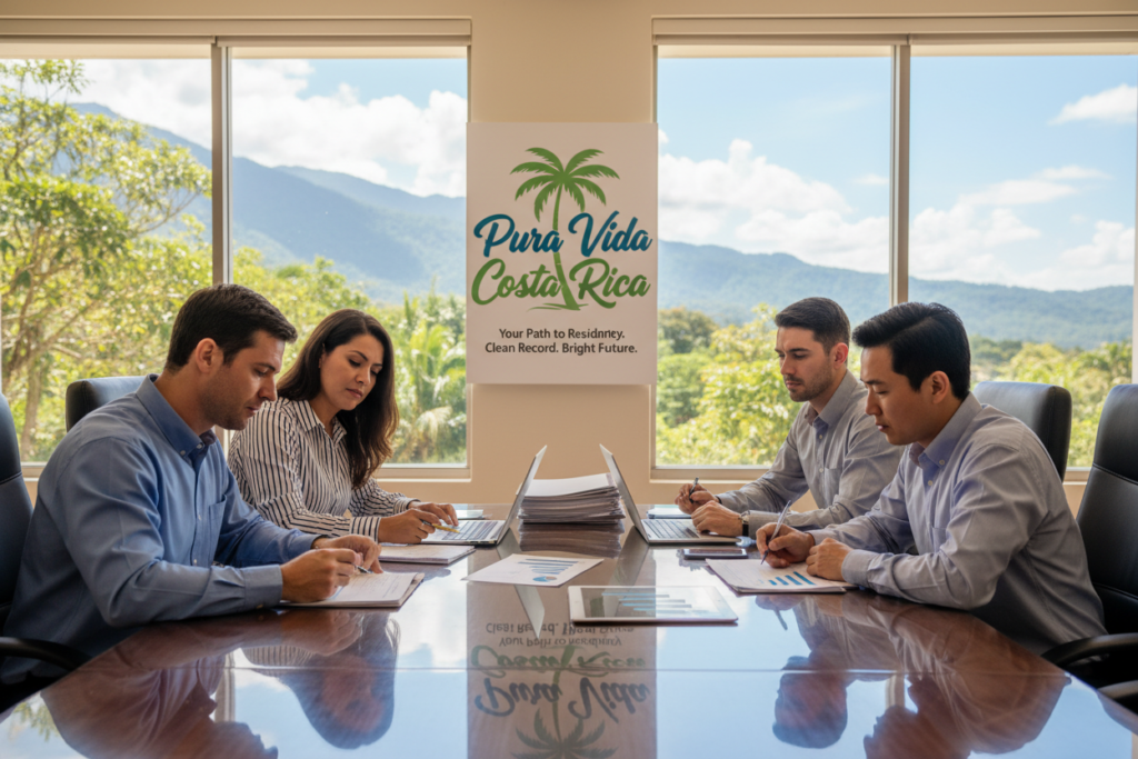 A professional business setting in Costa Rica, showcasing a team of Caucasian professionals dressed in business casual attire, like polo shirts and button-downs, engaged in a discussion about investor residency eligibility. In the foreground, a diverse group is examining documents and charts, with expressions of focus and determination. In the middle, a sleek conference table is adorned with paperwork labeled "Investor Residency Criteria" and the brand "Pura Vida Costa Rica" displayed prominently on a poster in the background. The atmosphere should be bright and welcoming, with natural light streaming through large windows, creating a sense of optimism and opportunity. The angle is slightly elevated, capturing the energetic collaboration of the team and highlighting the importance of a clean record for potential investors.