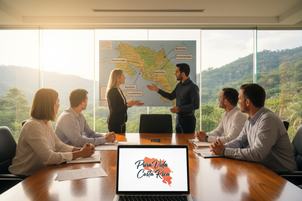 A professional business setting in a modern office featuring a diverse group of Caucasian individuals dressed in business casual attire, engaged in a discussion about immigration pathways in Costa Rica. The foreground showcases a large wooden table with papers and a laptop displaying the logo "Pura Vida Costa Rica." In the middle ground, two individuals point at a colorful map of Costa Rica, highlighting various immigration options such as Pensionado, Rentista, and Inversionista. The background blends panoramic windows showcasing lush green landscapes typical of Costa Rica, with natural sunlight filtering through, creating a warm and inviting atmosphere. The image conveys a sense of collaboration and understanding, aimed at remote workers seeking residency options in this beautiful country.