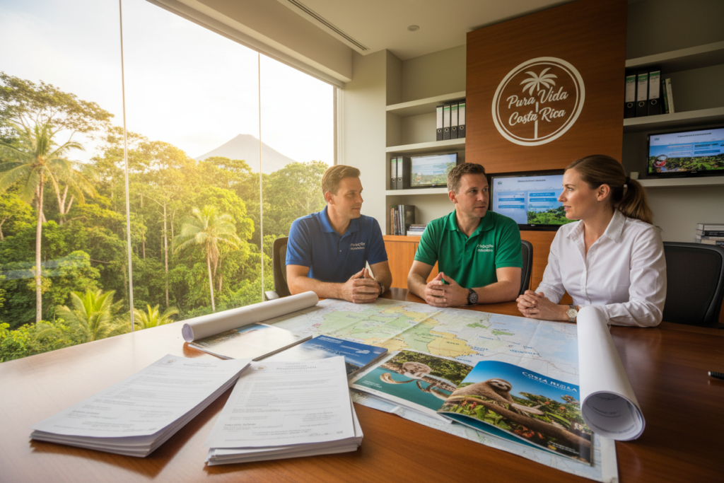 A professional business setting representing Costa Rica residency eligibility, featuring a diverse group of three Caucasian individuals dressed in business casual attire (polo shirts and button-downs) engaged in a discussion. In the foreground, a well-organized table displays Costa Rican residency documents, brochures, and a map of Costa Rica. The middle-ground includes a large window showcasing a lush green tropical landscape outside, symbolizing the beauty of Costa Rica. In the background, neatly arranged shelves display informative materials related to residency requirements and a logo that reads "Pura Vida Costa Rica." The scene is lit with warm, natural light, creating an inviting and optimistic atmosphere, shot at a slight angle to emphasize engagement in conversation.