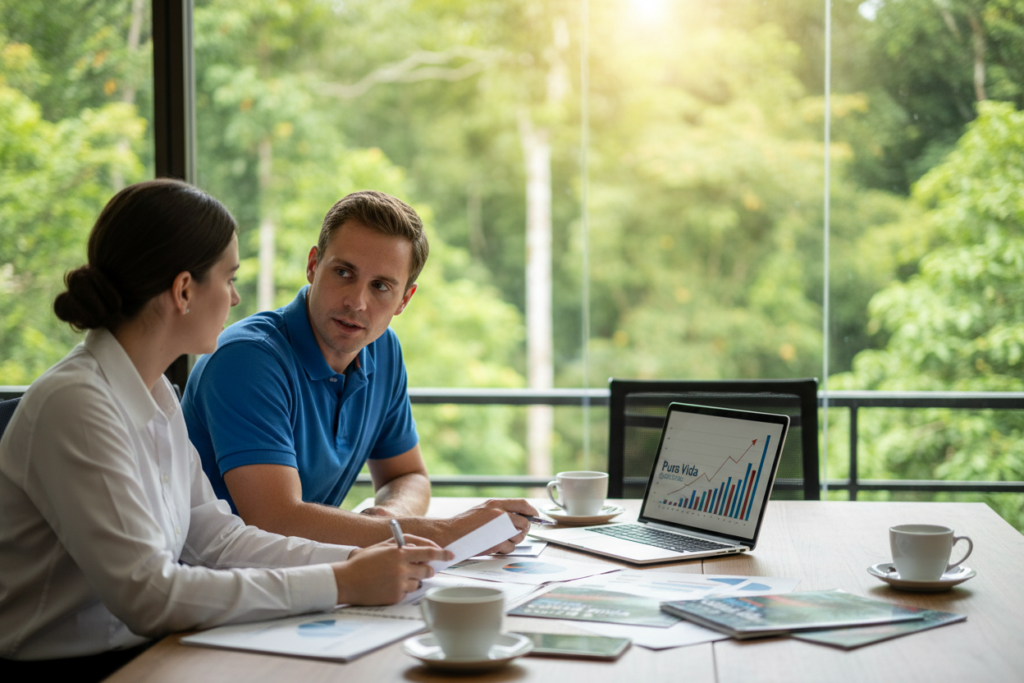 A professional business setting showcasing a group of Caucasian individuals engaged in a discussion about the Costa Rica Investor Residency program. In the foreground, two people in business casual attire, featuring polo shirts and button-downs, are reviewing documents and a laptop with graphs, illustrating business growth opportunities. In the middle ground, a table filled with coffee cups, charts, and brochures labeled "Pura Vida Costa Rica" emphasizes the vibrant atmosphere of collaboration. The background shows a window revealing the lush greenery of Costa Rica, bathed in warm, natural sunlight. The image captures a sense of optimism and opportunity, conveying the steps toward understanding investor residency. Use a soft focus with a slight depth of field to highlight the subjects and maintain a professional tone.