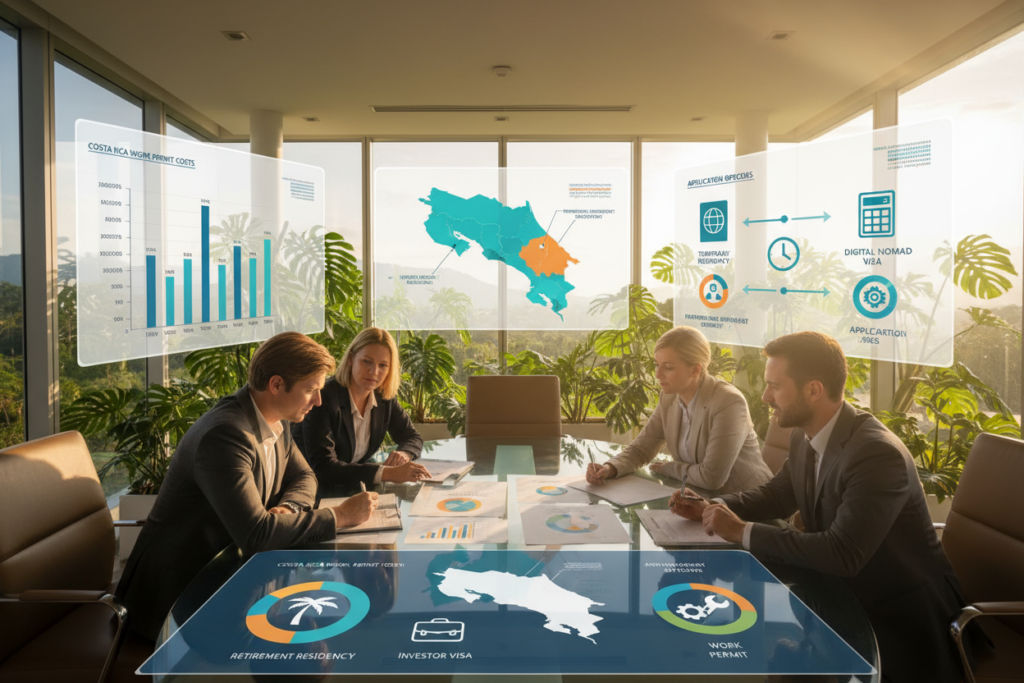 A professional business setting showcasing an overview of Costa Rica residency and work permits. In the foreground, depict a diverse group of Caucasian individuals in business casual attire, discussing documents on a glass table with charts illustrating work permit costs and residency options. The middle layer includes informational graphics, like maps of Costa Rica and icons symbolizing various permits, designed with a clean, modern aesthetic. The background features lush tropical plants and a bright window letting in warm, natural light, creating a welcoming atmosphere that conveys professionalism and opportunity. Capture the essence of “Pura Vida Costa Rica” through vibrant colors and inviting elements, focusing on clarity and organization, without any text or watermarks.