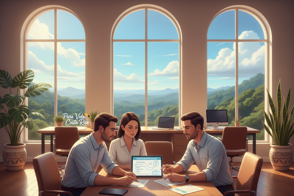 A professional, engaging illustration representing an overview of the Rentista program in Costa Rica. Foreground features a diverse group of three Caucasian professionals in business casual attire (polo/button-down shirts), discussing documents and a digital tablet that display an outline of the Rentista residency requirements. The middle section showcases a bright, welcoming office space with large windows allowing natural sunlight to flood the room. Lush tropical plants are visible in the corners, symbolizing Costa Rica's vibrant natural beauty. The background captures a glimpse of the Costa Rican landscape through the windows, with rolling green hills and blue skies. The atmosphere is positive and informative, reflecting a sense of opportunity and warmth, with the brand name "Pura Vida Costa Rica" subtly integrated into the design elements. Soft lighting highlights the team’s interaction, creating an inviting mood.