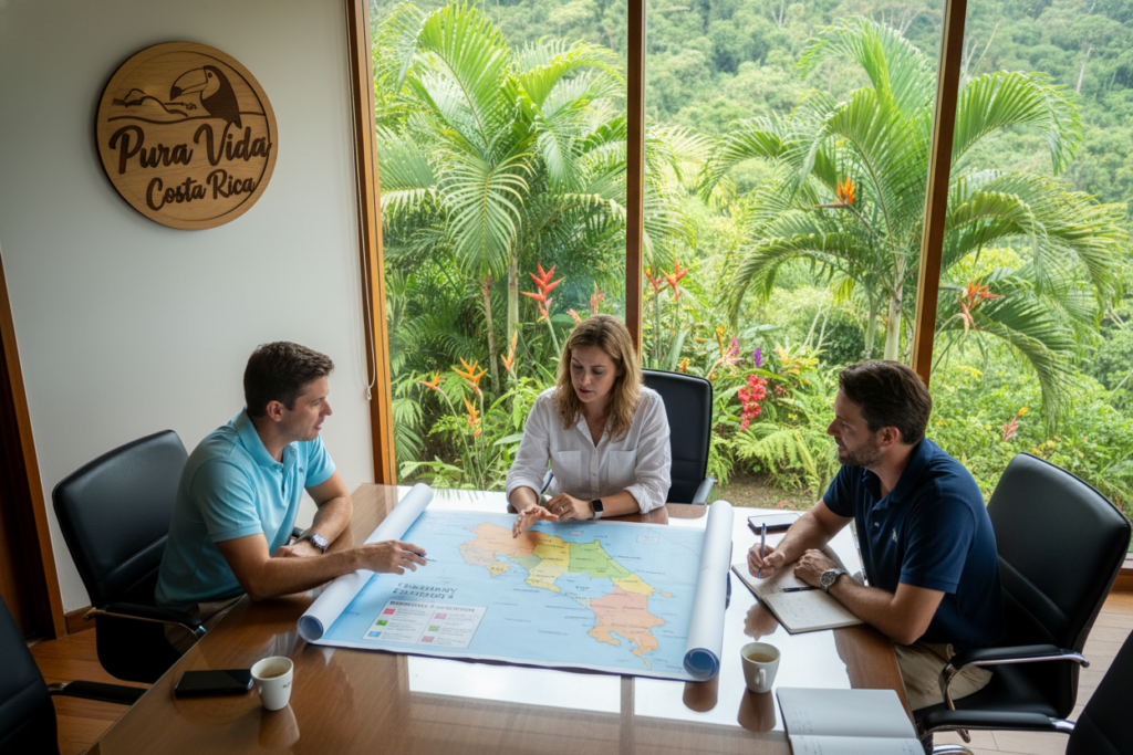 A professional meeting room set in Costa Rica, featuring a diverse group of three Caucasian individuals in business casual attire (polo shirts and button-downs) gathered around a table with a large map of Costa Rica displaying different residency categories. The background shows lush tropical plants through large windows, hinting at the country's natural beauty. Soft natural lighting floods the room, creating a warm and inviting atmosphere. A logo of "Pura Vida Costa Rica" is subtly displayed on a wall, enhancing the local vibe. The focus is on the engaged expressions of the group as they discuss, with an overhead angle capturing the collaborative spirit and the map details clearly.