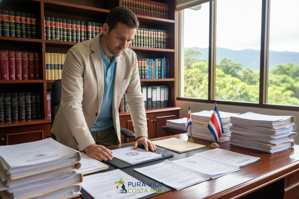 A professional office environment set in Costa Rica, depicting a large wooden desk with neatly organized stacks of important documents related to residency and apostille requirements. In the foreground, a Caucasian staff member in business casual attire, wearing a polo shirt and button-down, is reviewing paperwork with a focused expression. In the middle ground, various legal documents such as apostilles and residency applications are spread out, adorned with Costa Rican flags and the brand logo "Pura Vida Costa Rica". The background features a large bookshelf filled with law books and a window showcasing a serene view of Costa Rican greenery, allowing natural light to flood the space. The atmosphere is calm and professional, evoking a sense of trust and clarity regarding the documentation process. A professional office environment set in Costa Rica, depicting a large wooden desk with neatly organized stacks of important documents related to residency and apostille requirements. In the foreground, a Caucasian staff member in business casual attire, wearing a polo shirt and button-down, is reviewing paperwork with a focused expression. In the middle ground, various legal documents such as apostilles and residency applications are spread out, adorned with Costa Rican flags and the brand logo "Pura Vida Costa Rica". The background features a large bookshelf filled with law books and a window showcasing a serene view of Costa Rican greenery, allowing natural light to flood the space. The atmosphere is calm and professional, evoking a sense of trust and clarity regarding the documentation process.