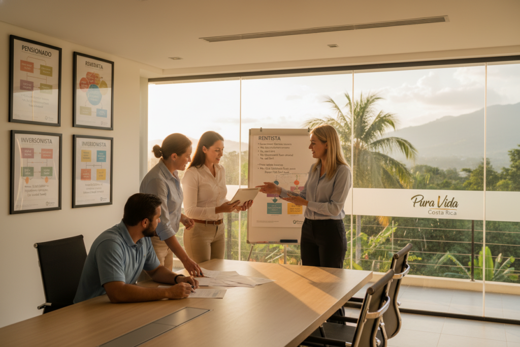 A professional office environment showcasing Costa Rica residency qualification categories, with a focus on three distinct types: Pensionado, Rentista, and Inversionista. In the foreground, a diverse group of Caucasian staff dressed in business casual attire, such as polo shirts and button-downs, discussing documents on a conference table. In the middle, visual aids like charts or infographics displaying the criteria for each residency category. The background features a large window revealing a lush Costa Rican landscape with palm trees and mountains, creating a sunny, inviting atmosphere. Soft, natural lighting highlights the scene, captured from a slight angle to emphasize the collaborative vibe. The brand "Pura Vida Costa Rica" is subtly integrated into the design elements of the room.