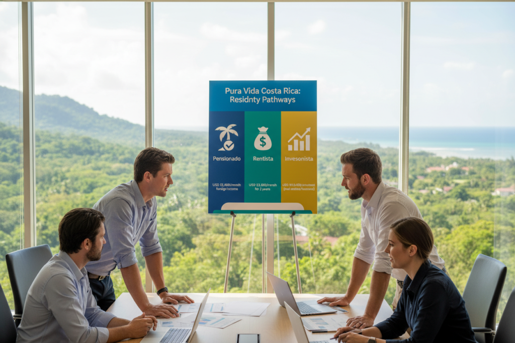 A professional office environment showcasing a detailed infographic on Costa Rica's residency pathways, specifically Pensionado, Rentista, and Inversionista income requirements. In the foreground, a diverse group of three Caucasian staff members dressed in business casual attire—polo shirts and button-downs—are engaged in a discussion around a large table covered with documents and charts. In the middle section, an eye-catching, colorful graphic displays key financial figures and visuals representing each residency pathway, incorporating the brand name "Pura Vida Costa Rica" prominently. The background features a large window with a view of a lush Costa Rican landscape, bathing the scene in warm, natural light. The atmosphere is collaborative and professional, with a focus on clarity and engagement.