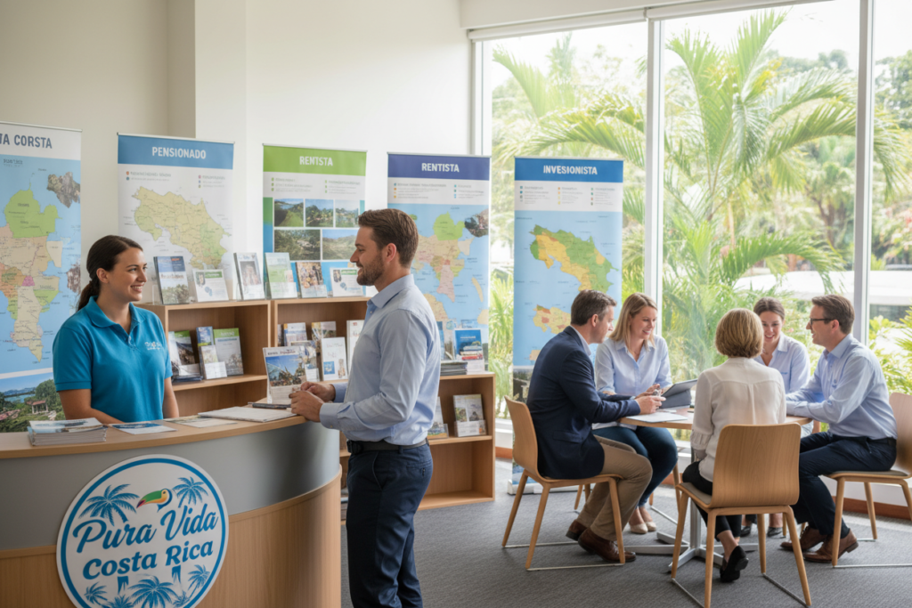 A professional office scene depicting the Costa Rica residency process, featuring a diverse group of Caucasian staff in business casual attire (polos and button-downs, no ties). In the foreground, a friendly staff member is assisting an expatriate at a reception desk adorned with the "Pura Vida Costa Rica" logo. The middle ground showcases a well-organized office space with brochures about residency paths and maps of Costa Rica, while clients are engaged in discussions at nearby tables. In the background, large windows let in soft, natural light, highlighting tropical greenery outside. The atmosphere is welcoming and informative, capturing the essence of navigating residency in Costa Rica. The angle is slightly elevated, providing a clear view of the bustling office environment.