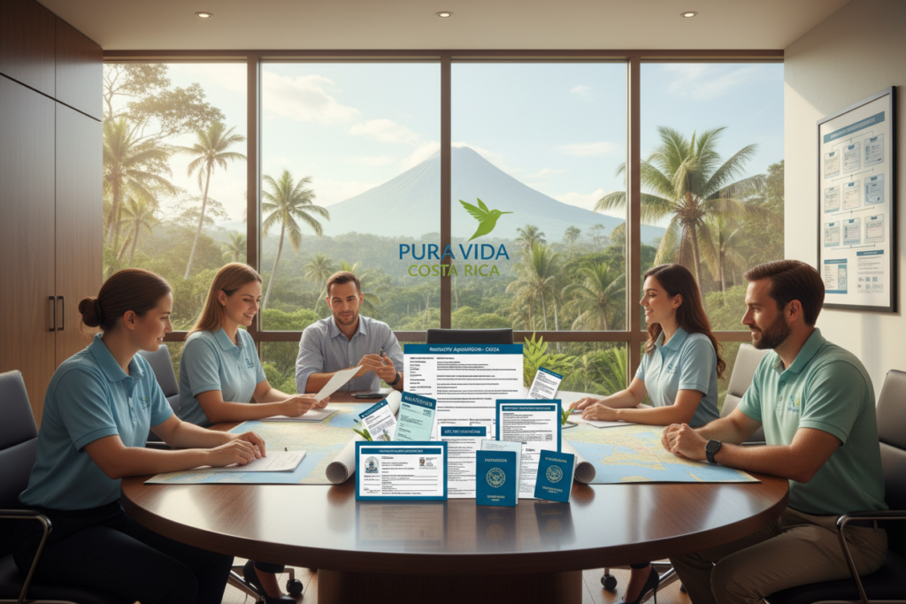 A professional office scene illustrating Costa Rica's residency requirements. In the foreground, a diverse group of Caucasian staff members in business casual attire (polo and button-down shirts) are engaged in a discussion around a modern conference table, highlighting documents and maps of Costa Rica. The middle layer features detailed illustrations of residency requirements, like visas and application forms, neatly arranged on the table. The background showcases a large window with a view of lush Costa Rican landscape, filled with vibrant greenery and clear blue skies, creating a warm and welcoming atmosphere. Soft natural lighting filters through the window, accentuating the friendly, professional mood of the setting. The brand "Pura Vida Costa Rica" is subtly incorporated into the design elements in the room, emphasizing the theme of Costa Rica’s welcoming nature. A professional office scene illustrating Costa Rica's residency requirements. In the foreground, a diverse group of Caucasian staff members in business casual attire (polo and button-down shirts) are engaged in a discussion around a modern conference table, highlighting documents and maps of Costa Rica. The middle layer features detailed illustrations of residency requirements, like visas and application forms, neatly arranged on the table. The background showcases a large window with a view of lush Costa Rican landscape, filled with vibrant greenery and clear blue skies, creating a warm and welcoming atmosphere. Soft natural lighting filters through the window, accentuating the friendly, professional mood of the setting. The brand "Pura Vida Costa Rica" is subtly incorporated into the design elements in the room, emphasizing the theme of Costa Rica’s welcoming nature.