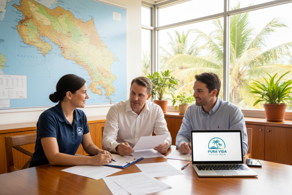 A professional office setting depicting Costa Rica residency guidance, featuring a diverse group of three Caucasian staff members in business casual attire (polo and button-down shirts) engaged in a discussion. In the foreground, a well-organized desk with application forms and a laptop displaying the "Pura Vida Costa Rica" logo. The middle ground shows a large map of Costa Rica highlighting residency locations and immigration offices. In the background, large windows allowing natural light to illuminate the room, creating a warm and inviting atmosphere. The scene conveys a sense of professionalism and assistance, inviting viewers to understand the immigration process more clearly. Soft, diffused lighting enhances the welcoming mood, captured from a slightly elevated angle for a comprehensive view.