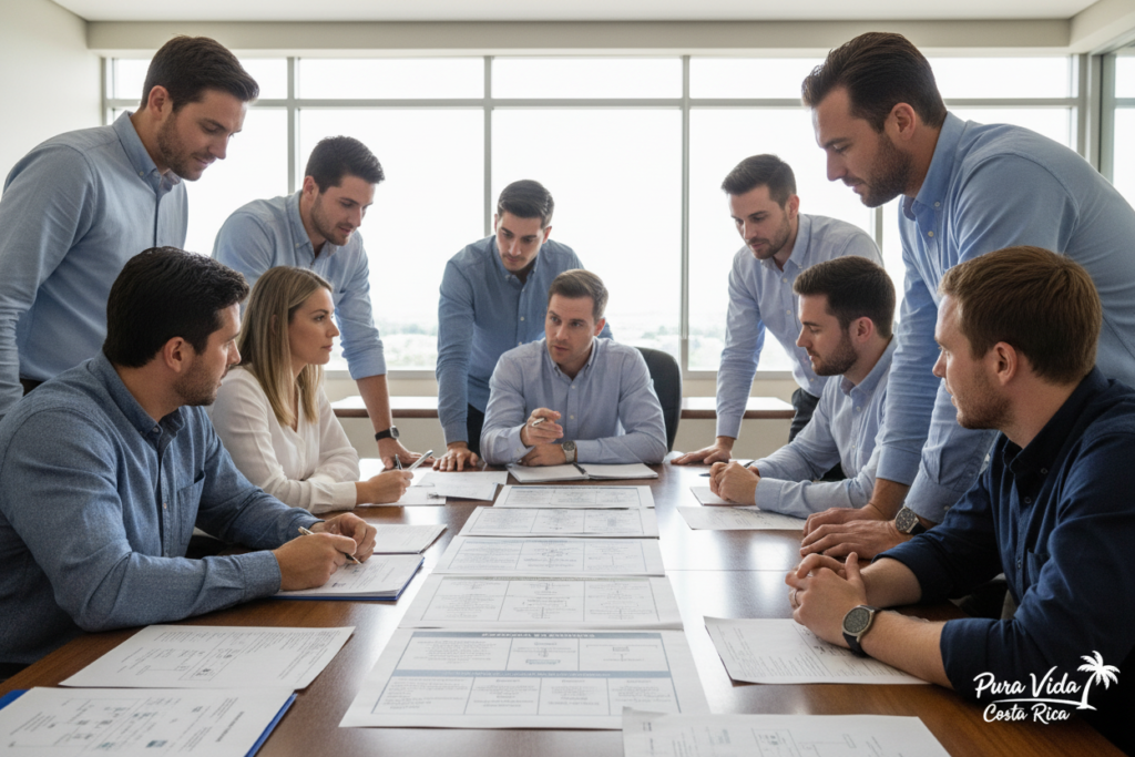 A professional office setting depicting a diverse group of Caucasian staff, all dressed in business casual attire, including polo shirts and button-downs, discussing qualifications for employment authorization in Costa Rica. In the foreground, a large table with documents and charts illustrating different residency categories and their requirements. The middle ground features focused individuals engaged in conversation, pointing at the documents. In the background, large windows create a bright atmosphere with natural light illuminating the room. The overall mood is collaborative and informative. In the corner, a discreet branding element reads “Pura Vida Costa Rica.” The image should be captured from a slightly elevated angle to give a comprehensive view of the setting and interactions.