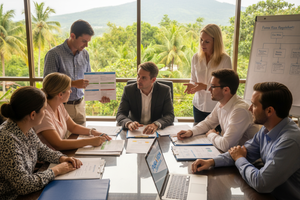 A professional office setting depicting a diverse group of Caucasian staff dressed in business casual attire, engaging in a discussion about Costa Rica residency qualifications. The foreground features a table with documents and an open laptop displaying the "Pura Vida Costa Rica" logo. In the middle, the staff are analyzing different residency options with visual aids like charts and leaflets showing key qualifications. The background includes a large window with tropical greenery visible, reflecting the vibrant atmosphere of Costa Rica. Soft, natural lighting filters through the window, creating an inviting and professional ambiance. The angle of the shot is slightly elevated, allowing a view of both the discussion and the lush landscape outside, immersing the viewer in the tropical context of the subject.