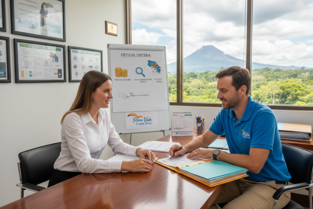 A professional office setting focused on Costa Rica residency eligibility, featuring Caucasian staff in business casual attire (polo/button-down shirts). In the foreground, a friendly consultant reviews documents with a potential applicant, both engaged in a serious yet positive conversation. In the middle ground, visible charts and graphics display key qualifications for residency, showcasing icons of criteria like income, background checks, and ties to Costa Rica. The background includes a large window with a view of lush Costa Rican landscapes, symbolizing opportunity and growth. Soft, natural lighting floods the room, creating an inviting atmosphere. The Pura Vida Costa Rica brand logo is subtly integrated into office decor, emphasizing professionalism and cultural connection. The overall mood is encouraging and informative, inviting readers to learn more about the residency process.