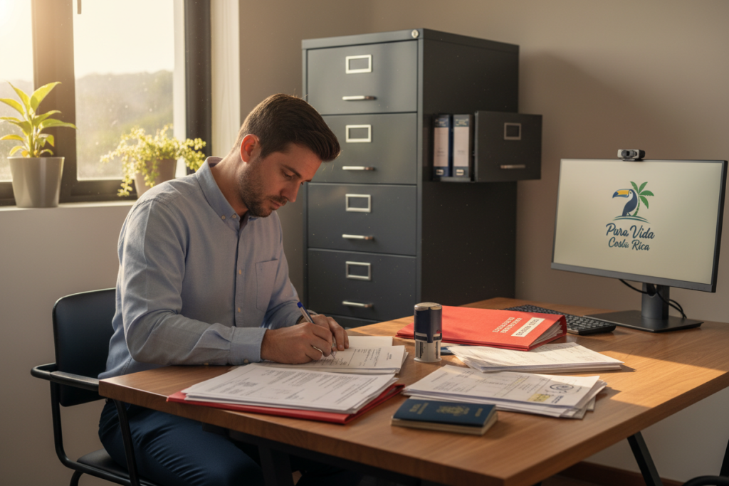 A professional office setting focused on document preparation for Costa Rica immigration. In the foreground, a Caucasian staff member in business casual attire (button-down shirt) meticulously prepares an application on a sleek wooden desk, surrounded by various official documents and an apostille stamp prominently displayed. In the middle background, a well-organized filing cabinet and a computer monitor showcasing the "Pura Vida Costa Rica" logo enhance the ambiance of diligence and efficiency. Soft, natural light filters through a window, casting gentle shadows and creating a warm, inviting atmosphere that encourages focus and professionalism. The camera angle is slightly elevated, providing a clear view of the workspace while emphasizing the importance of accurate document preparation.