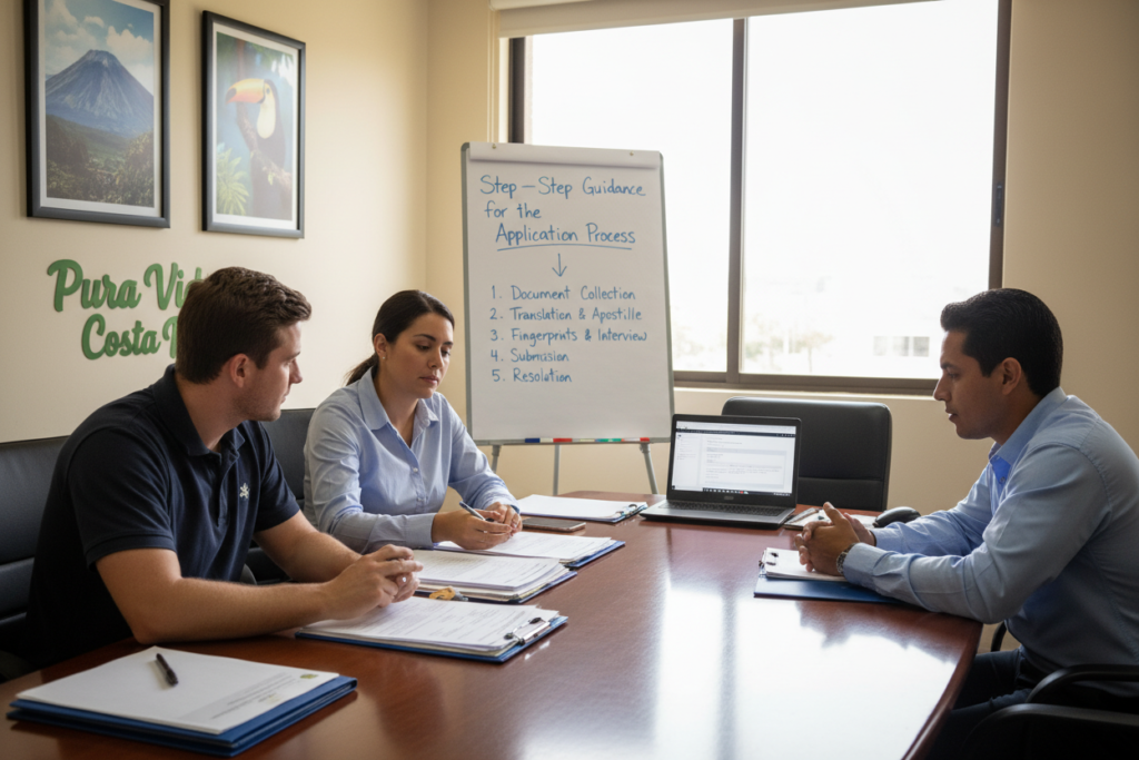 A professional office setting illustrates the "Costa Rica residency application process". In the foreground, a diverse group of three individuals, including Caucasian staff, dressed in business casual attire (polo and button-down shirts) is engaged in discussion around a table covered with documents and forms related to residency applications. In the middle ground, a whiteboard displays a flowchart labeled "Step-by-Step Guidance for the Application Process" with bullet points. The background should feature Costa Rican cultural elements, such as framed posters of scenic landscapes and local wildlife, enhancing the ambiance. Soft, natural lighting filters through large windows, creating a warm and inviting atmosphere, while the logo "Pura Vida Costa Rica" subtly appears on the wall. The angle captures a dynamic perspective, encouraging an inspiring and proactive mood.