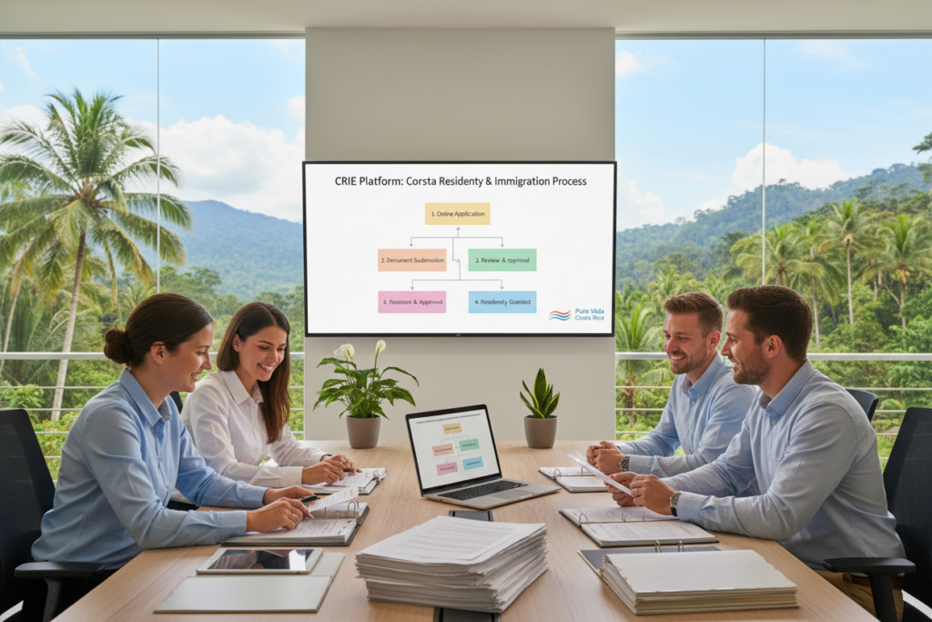 A professional office setting illustrating the CRIE platform process for Costa Rica residency and immigration. In the foreground, a diverse group of four Caucasian staff members in business casual attire (polo shirts and button-downs) collaborates around a table filled with documents and a laptop, showcasing a friendly and engaged atmosphere. In the middle ground, a large digital screen displays a flowchart of the CRIE platform process with clear and colorful steps. The background features large windows with a tropical view of Costa Rica's lush landscapes, bringing in soft, natural light that creates a warm, inviting mood. The setting reflects the theme of professionalism and clarity, with subtle branding elements that include the text "Pura Vida Costa Rica" integrated into the design.