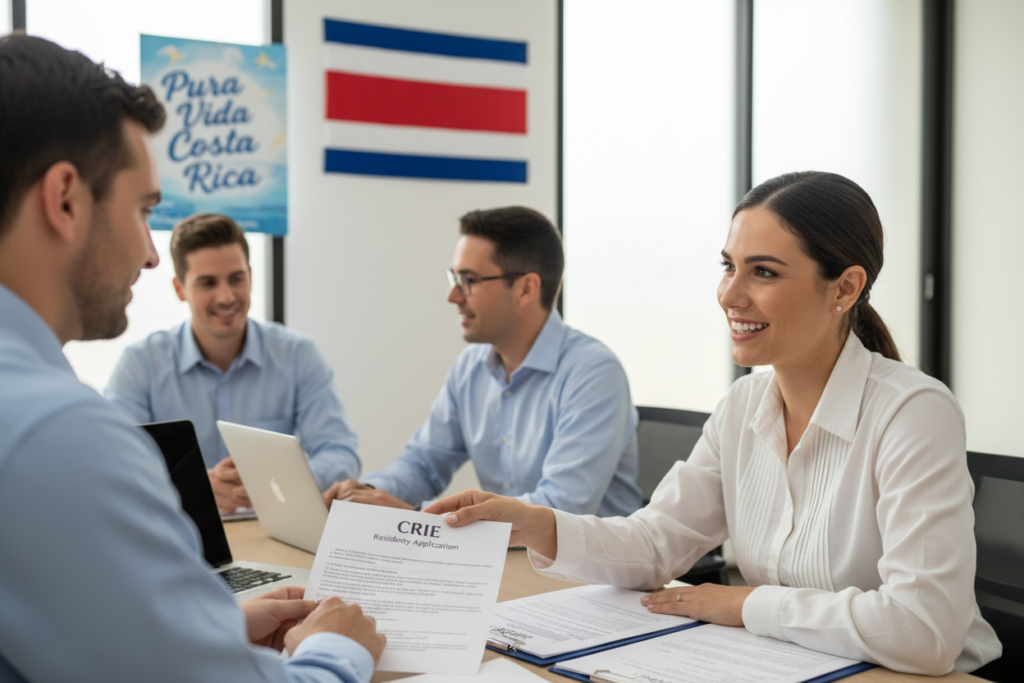 A professional office setting illustrating the Costa Rica residency process, featuring a diverse group of Caucasian staff in business casual attire (polo and button-down shirts). In the foreground, a smiling staff member is guiding a client through paperwork related to the CRIE residency process, with printed forms and a laptop open on a desk. The middle background showcases a modern office decor, including a Costa Rican flag and a poster of "Pura Vida Costa Rica" on the wall, symbolizing the country's welcoming atmosphere. Soft, natural lighting illuminates the scene, emphasizing a friendly and approachable mood. The angle captures both the staff member and the client in conversation, creating an inviting and informative ambiance without any text or distractions.