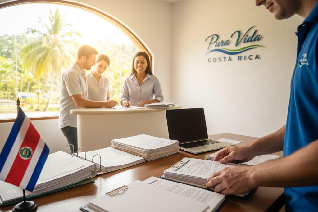 A professional office setting illustrating the Costa Rica residency renewal process, featuring a Caucasian staff member in business casual attire (polo/button-down) sitting at a desk filled with residency application documents and a laptop. In the foreground, a close-up shows hands organizing paperwork with a Costa Rican flag subtly placed on the corner of the desk, symbolizing national identity. In the middle ground, a soft-focused woman at the reception counter assists clients with friendly demeanor, showcasing a welcoming atmosphere. The background reveals a vibrant, sunlit window that hints at tropical scenery outside, adding warmth and an inviting feel. The logo "Pura Vida Costa Rica" is elegantly displayed on a wall. Use bright, natural lighting to enhance the mood, shot at eye level for an immersive perspective.