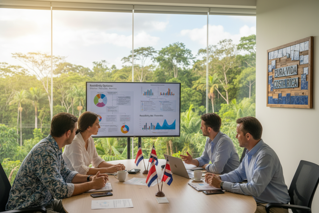 A professional office setting in Costa Rica, featuring a diverse group of Caucasian individuals in business casual attire, such as polo shirts and button-down shirts, engaged in a collaborative discussion about residency categories. The foreground shows a round table with various documents, laptops, and Costa Rican flags. In the middle, the participants are pointing at charts and graphs that outline different residency options, emphasizing concentration and teamwork. The background reveals a large window with a view of lush greenery and tropical plants, symbolizing the vibrant Costa Rican landscape. Soft, natural lighting pours into the room, creating an inviting and warm atmosphere. The phrase "Pura Vida Costa Rica" is subtly incorporated into a decorative wall art piece.