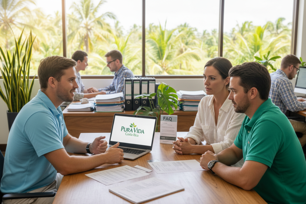 A professional office setting in Costa Rica, showcasing a diverse group of Caucasian staff in business casual attire, such as polo shirts and button-downs. The foreground features a friendly and knowledgeable consultant engaging with a couple looking to learn more about eligibility for marriage residency. They are seated at a modern desk with documents and a laptop displaying the brand logo "Pura Vida Costa Rica." In the middle ground, documents related to residency requirements are visible, including checklists and information pamphlets. The background presents a bright and welcoming office with tropical plants and a window that reveals a sunny Costa Rican landscape, casting soft natural light across the scene. The atmosphere is warm and inviting, reflecting an informative yet relaxed consultation experience.