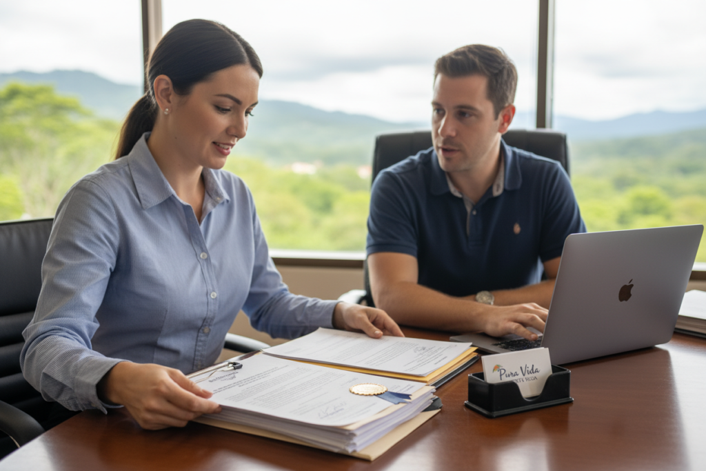 A professional office setting showcasing the document apostille process in Costa Rica. In the foreground, a friendly Caucasian woman dressed in a button-down shirt carefully reviews a stack of international documents, with an official apostille certificate prominently displayed. In the middle ground, a Caucasian man in a polo shirt discusses the process with her, using a laptop to provide information. Behind them, a large window reveals a scenic view of Costa Rica’s verdant landscape, with soft, natural lighting filtering through, creating a warm ambiance. On a desk, the brand name “Pura Vida Costa Rica” is visible on a business card holder, adding a touch of local identity. The atmosphere is focused and professional, emphasizing clarity and organization in the document legalization process. A professional office setting showcasing the document apostille process in Costa Rica. In the foreground, a friendly Caucasian woman dressed in a button-down shirt carefully reviews a stack of international documents, with an official apostille certificate prominently displayed. In the middle ground, a Caucasian man in a polo shirt discusses the process with her, using a laptop to provide information. Behind them, a large window reveals a scenic view of Costa Rica’s verdant landscape, with soft, natural lighting filtering through, creating a warm ambiance. On a desk, the brand name “Pura Vida Costa Rica” is visible on a business card holder, adding a touch of local identity. The atmosphere is focused and professional, emphasizing clarity and organization in the document legalization process.