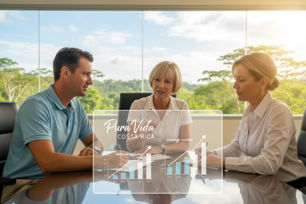 A professional office setting symbolizing Costa Rica residency eligibility, with a diverse group of three Caucasian individuals dressed in business casual attire—polos and button-downs—conversing around a modern conference table. The foreground features a clear digital presentation displaying "Pura Vida Costa Rica" alongside illustrated income threshold charts. In the middle, the professionals are engaged, one pointing at the screen, while another takes notes. The background shows a large window with views of lush Costa Rican greenery and blue skies, infused with warm, natural lighting enhancing a welcoming atmosphere. The image conveys a sense of clarity and professionalism, perfect for illustrating the nuances of residency qualifications in Costa Rica. A professional office setting symbolizing Costa Rica residency eligibility, with a diverse group of three Caucasian individuals dressed in business casual attire—polos and button-downs—conversing around a modern conference table. The foreground features a clear digital presentation displaying "Pura Vida Costa Rica" alongside illustrated income threshold charts. In the middle, the professionals are engaged, one pointing at the screen, while another takes notes. The background shows a large window with views of lush Costa Rican greenery and blue skies, infused with warm, natural lighting enhancing a welcoming atmosphere. The image conveys a sense of clarity and professionalism, perfect for illustrating the nuances of residency qualifications in Costa Rica.