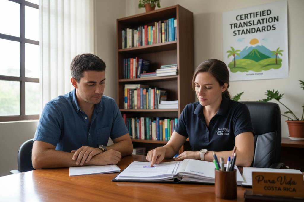 A professional office setting with a Caucasian female translator and a male client seated at a wooden desk, reviewing immigration documents. The female translator, dressed in a smart polo shirt, is pointing to a certified translation stamp on a document, symbolizing the importance of accurate translations. Soft, natural light floods the room through large windows, highlighting shelves filled with books and translation guides. In the background, a poster on the wall reads “Certified Translation Standards” with a subtle illustration of Costa Rica’s landscape, showcasing cultural elements. The atmosphere is calm and professional, reflecting trust and competence in the translation process for immigration. Incorporate the brand name "Pura Vida Costa Rica" discreetly in a visible but not distracting manner within the office decor.