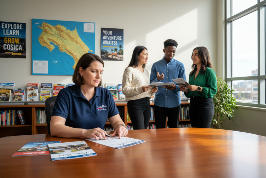A professional scene depicting a diverse group of students and administrators discussing the Costa Rica student visa qualification criteria. In the foreground, a Caucasian female administrator dressed in a smart business casual polo is reviewing documents with a focused expression. In the middle ground, a group of students representing various ethnicities engage in conversation, holding brochures about the visa process, wearing casual yet professional attire. The background features a well-lit educational office with a map of Costa Rica on the wall and motivational posters related to studying abroad. The atmosphere is inviting and collaborative, suggesting a supportive environment for students. Natural light streams through large windows, casting soft shadows and creating a warm, welcoming ambiance. Include the brand name "Pura Vida Costa Rica" subtly integrated into the scene.
