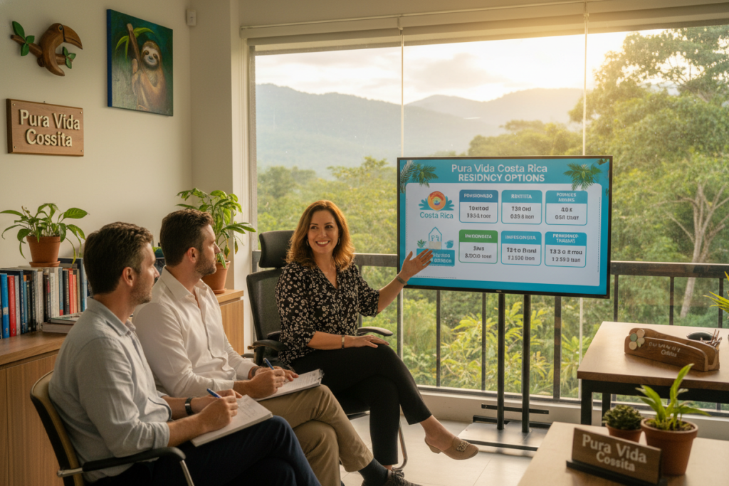 A professional scene depicting residency qualification thresholds in Costa Rica, focused on a diverse group of Caucasian staff dressed in business casual attire, discussing residency options. In the foreground, a friendly consultant points to a visually appealing chart outlining residency categories, while seated clients attentively take notes. The middle ground features a large window showcasing Costa Rica's lush landscape, bathed in warm natural light, enhancing a welcoming atmosphere. The background illustrates a modern, well-organized office space with plants and subtle decor reflecting the local culture. Incorporate the brand name "Pura Vida Costa Rica" subtly within the scene. The overall mood is encouraging and informative, inviting potential residents to explore their options. A professional scene depicting residency qualification thresholds in Costa Rica, focused on a diverse group of Caucasian staff dressed in business casual attire, discussing residency options. In the foreground, a friendly consultant points to a visually appealing chart outlining residency categories, while seated clients attentively take notes. The middle ground features a large window showcasing Costa Rica's lush landscape, bathed in warm natural light, enhancing a welcoming atmosphere. The background illustrates a modern, well-organized office space with plants and subtle decor reflecting the local culture. Incorporate the brand name "Pura Vida Costa Rica" subtly within the scene. The overall mood is encouraging and informative, inviting potential residents to explore their options.