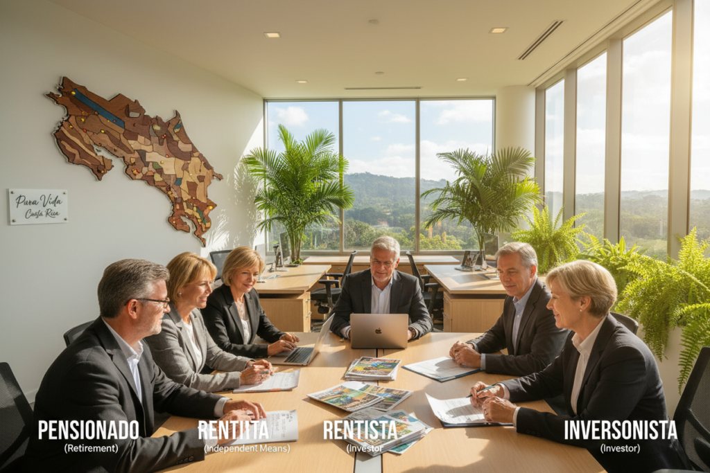 A professional scene depicting the various residency pathways in Costa Rica: foreground shows a diverse group of Caucasian individuals in business casual attire, reviewing documents labeled "Pensionado", "Rentista", and "Inversionista". The middle features a modern office environment with a large map of Costa Rica on the wall, colorful brochures about residency options on a table, and plants for a tropical touch. In the background, sunlight streams through large windows, illuminating the space and creating a warm atmosphere. The mood is collaborative and informative, highlighting a sense of professionalism and hope for a new beginning in Costa Rica. The image includes the brand "Pura Vida Costa Rica" subtly integrated into the design, ensuring a clean and focused representation.