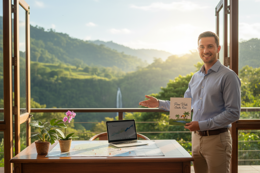 A professional, serene image depicting the concept of the Costa Rica Rentista residency option. In the foreground, a friendly Caucasian staff member in smart business casual attire (button-down shirt, no jacket or tie) smiles warmly while pointing to a brochure titled "Pura Vida Costa Rica." In the middle ground, a beautifully arranged desk featuring tropical plants and Costa Rican maps, symbolizing guidance and exploration. The background shows a tranquil outdoor scene with lush greenery and a clear blue sky, embodying the natural beauty of Costa Rica. Soft, warm lighting enhances the inviting atmosphere, and the angle is slightly elevated to provide a clear view of the desk and the staff member, conveying professionalism and a welcoming spirit.