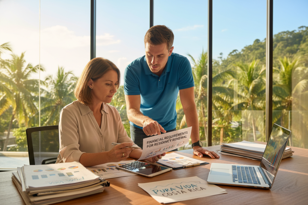 A professional setting depicting a Caucasian financial advisor and a client discussing residency renewal in Costa Rica. In the foreground, the advisor, dressed in a smart polo shirt, is pointing to a document titled "Financial Requirements for Residency Renewal". The middle ground showcases a modern office space with a desk cluttered with papers, calculators, and a laptop illustrating graphs. In the background, large windows let in warm, natural light, revealing a lush tropical landscape outside, symbolizing Costa Rica's beauty. The mood is focused and collaborative, emphasizing professionalism and clarity. The brand name "Pura Vida Costa Rica" subtly appears on a document on the desk, encapsulating the essence of life in the country.
