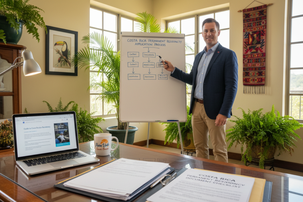 A professional setting depicting a Caucasian staff member in business casual attire (a button-down shirt) providing step-by-step guidance for a residency application. The foreground features a well-organized desk with documents labeled "Costa Rica Permanent Residency Document Checklist" and a laptop open to a helpful website. In the middle, the staff member is giving a presentation, pointing at a flowchart on a board illustrating the application process. The background captures a cozy office atmosphere with potted plants and Costa Rican decor. The lighting is warm and inviting, creating an atmosphere of support and guidance. Include items like a Pura Vida Costa Rica mug on the desk to enhance the local connection. The composition should capture professionalism and clarity, emphasizing assistance in residency applications.