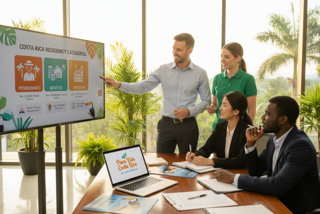 A professional setting depicting a diverse team discussing Costa Rica residency categories. In the foreground, a Caucasian male and female staff member in business casual attire (button-down shirts and polo) are pointing at a colorful chart illustrating the various residency options in Costa Rica, such as pensionado, rentista, and investor statuses. In the middle ground, a well-organized desk includes documents, brochures, and a laptop displaying the "Pura Vida Costa Rica" branding. The background features a bright, inviting office space with tropical plants and large windows letting in warm, natural sunlight. The overall mood is collaborative and informative, emphasizing a supportive atmosphere for those navigating immigration and residency procedures. The image has a professional yet relaxed vibe, suitable for an instructional context.