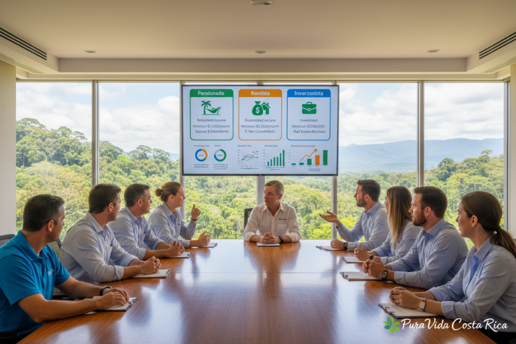A professional setting depicting a meeting room with a large table surrounded by Caucasian staff in business casual attire, including polo shirts and button-downs, discussing Costa Rica residency categories: Pensionado, Rentista, and Inversionista. In the foreground, a detailed infographic on a digital screen illustrates the three residency types with vivid icons and categories, such as retirement, income, and investment. In the middle ground, diverse charts and graphs visually represent key insights about immigration rules and benefits. The background features a large window showing a lush Costa Rican landscape, with vibrant greens and clear skies, creating a warm and inviting atmosphere. Soft, natural lighting enhances the inviting mood of the scene. The brand name "Pura Vida Costa Rica" subtly displayed in the corner of the digital screen, ensuring a cohesive look.