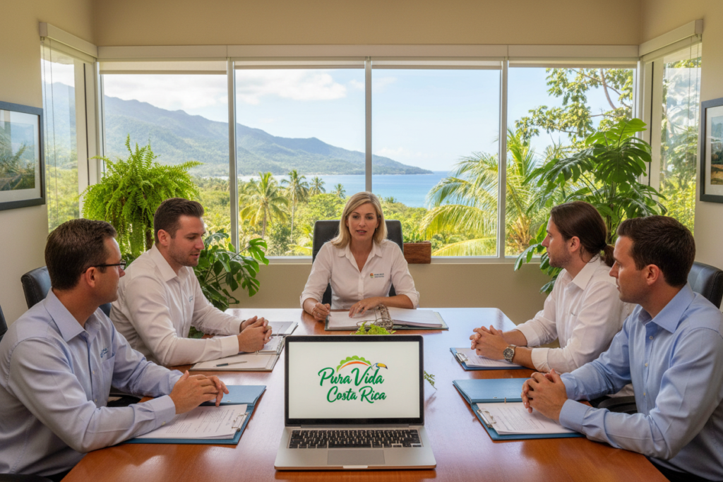 A professional setting depicting an informative meeting about Costa Rica residency options. In the foreground, a diverse group of Caucasian staff members in business casual attire, such as polo shirts and button-down shirts, are attentively discussing residency options. The middle ground features a large table with documents and a laptop displaying the brand name "Pura Vida Costa Rica." In the background, there is a bright and inviting office environment with tropical plants and Costa Rican scenery visible through large windows, emphasizing the beautiful landscape of Costa Rica. The lighting is warm and natural, creating a friendly atmosphere. The angle is slightly elevated, capturing the engagement of the team while showcasing the vibrant setting that represents the allure of living in Costa Rica.