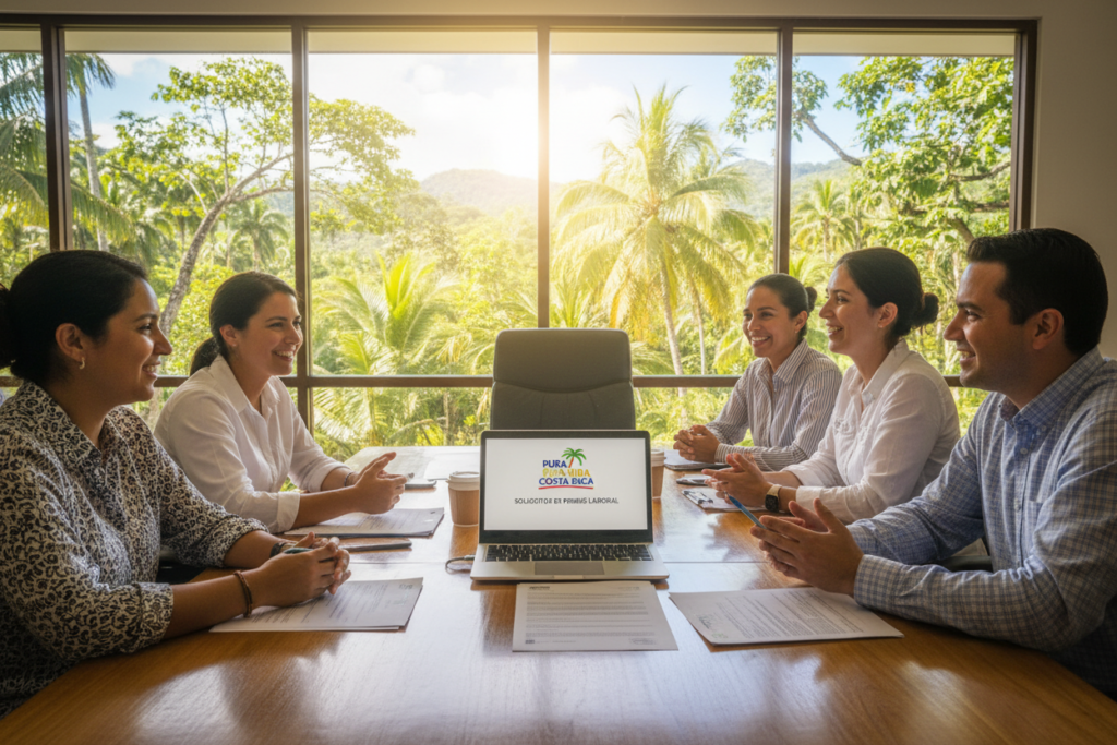 A professional setting depicting the CRIE immigration process in Costa Rica. In the foreground, a diverse group of cheerful individuals (Caucasian, Latino, Afro-Costa Rican) dressed in business casual attire, such as polo shirts and button-downs, are engaged in discussion around a large table. In the middle ground, official documents and a laptop displaying the "Pura Vida Costa Rica" logo are visible, indicating an active work permit application session. The background features a window showcasing lush Costa Rican greenery, with warm sunlight streaming in, creating an inviting atmosphere. The angle is slightly above eye level, capturing the energy of collaboration and the importance of understanding the CRIE process. The mood is optimistic and focused, conveying a sense of purpose and community in navigating immigration.