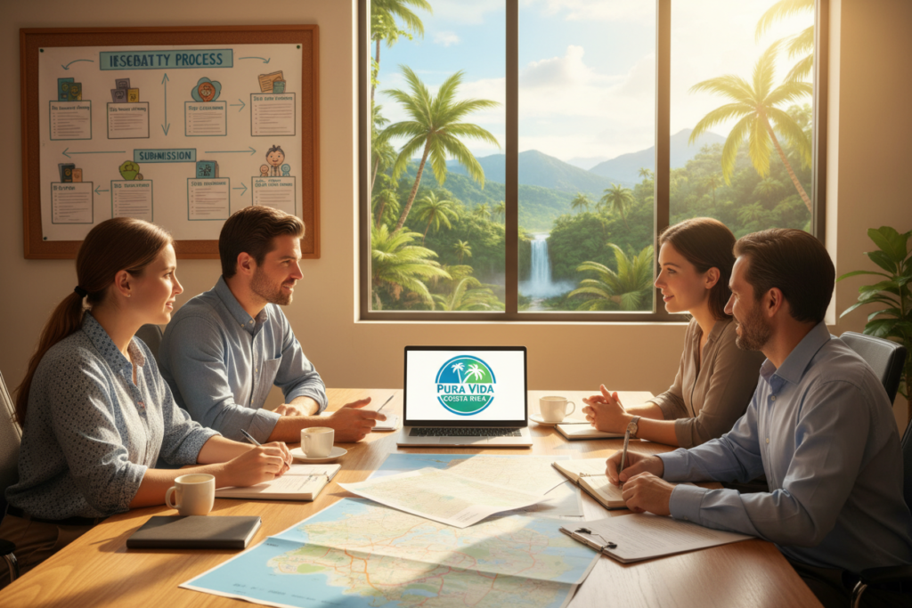 A professional setting depicting the Costa Rica residency application process. In the foreground, a diverse group of Caucasian individuals, dressed in business casual attire (polo shirts and button-downs, no suit jackets or ties), engage in discussions around a table filled with documents, maps, and a laptop displaying the "Pura Vida Costa Rica" logo. The middle ground includes a large window showing a lush, vibrant tropical landscape typical of Costa Rica, casting natural light into the room. In the background, a bulletin board displays a step-by-step illustrated guide to the residency process. The atmosphere should convey organization and optimism, capturing the essence of planning for a new life in a friendly, inviting environment. The lighting is bright and warm, creating a welcoming ambiance. A professional setting depicting the Costa Rica residency application process. In the foreground, a diverse group of Caucasian individuals, dressed in business casual attire (polo shirts and button-downs, no suit jackets or ties), engage in discussions around a table filled with documents, maps, and a laptop displaying the "Pura Vida Costa Rica" logo. The middle ground includes a large window showing a lush, vibrant tropical landscape typical of Costa Rica, casting natural light into the room. In the background, a bulletin board displays a step-by-step illustrated guide to the residency process. The atmosphere should convey organization and optimism, capturing the essence of planning for a new life in a friendly, inviting environment. The lighting is bright and warm, creating a welcoming ambiance.