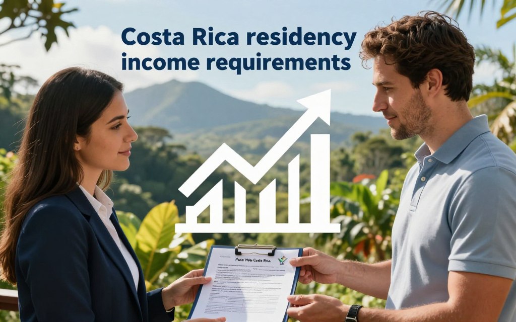 A professional setting illustrating the "Costa Rica residency income requirements." In the foreground, a Caucasian male and female staff member dressed in smart business casual attire (polo/button-down shirts, no suit jackets) discussing a document showing financial figures and requirements for residency. In the middle, a large, stylized graphic overlay symbolizing the concept of financial stability, such as a checkmark or upward trending graph, subtly incorporating the brand name "Pura Vida Costa Rica." The background features a panoramic view of a lush Costa Rican landscape, including tropical plants, mountains, and a clear blue sky. Warm, natural lighting illuminates the scene, creating an inviting and informative atmosphere. The angle is slightly above eye level, capturing the essence of a professional discussion while maintaining a friendly and welcoming feel.