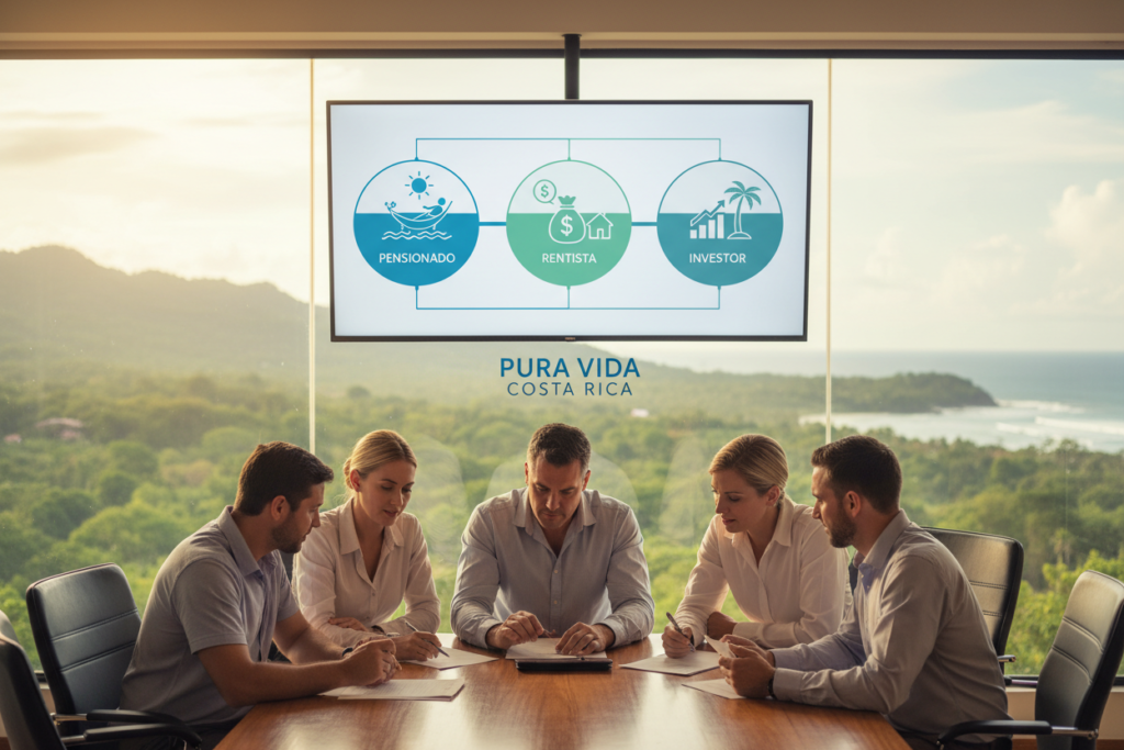 A professional setting in Costa Rica featuring a central display of various residency categories illustrated through sleek infographics. In the foreground, a diverse group of Caucasian staff dressed in business casual attire (polo/button-down shirts) are engaging in discussion, analyzing documents. The middle layer showcases visual representations of different residency paths (e.g., pensionado, rentista, and investor categories) with icons and symbols conveying the essence of each. The background reveals a soft-focus image of Costa Rican landscapes, like lush greenery and coastlines, symbolizing the country’s beauty. The lighting is warm and inviting, suggesting a friendly, professional atmosphere. Include the brand name "Pura Vida Costa Rica" subtly integrated into the composition, enhancing the visual narrative without overwhelming the scene.