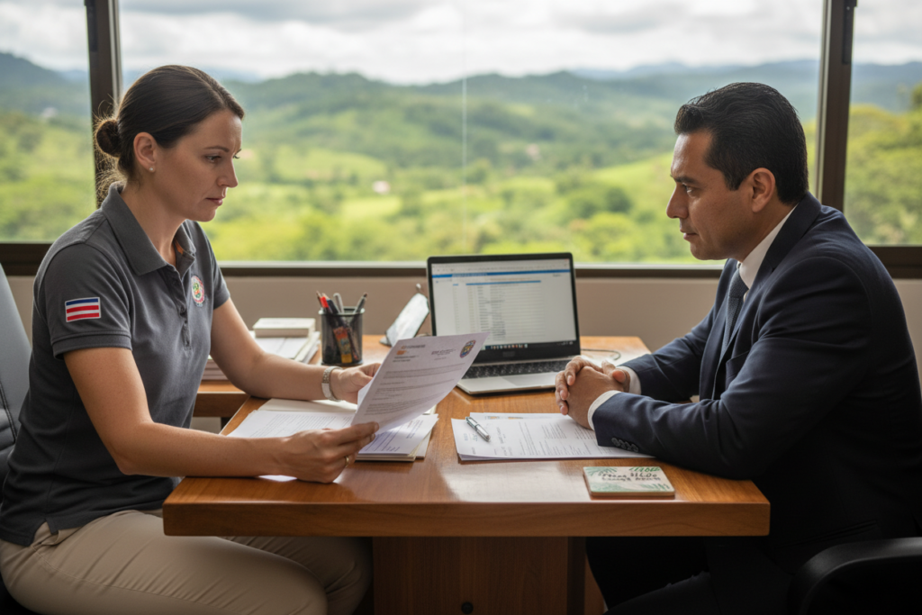 A professional setting showcasing a compassionate discussion about removing a dependent from a Costa Rica residency. In the foreground, a Caucasian woman in business casual attire, wearing a smart polo shirt, is seated at a wooden desk, reviewing documents with a concerned expression. In the middle, a well-organized workspace displays a laptop and Costa Rican residency paperwork. Soft natural light filters through a window, casting a warm glow on the scene. In the background, a blurred view of lush green hills characteristic of Costa Rica is visible, emphasizing the context. A decorative item features the phrase "Pura Vida Costa Rica" subtly integrated into a piece of decor on the desk. The overall atmosphere is serious yet supportive, reflecting the importance of the decision being discussed.