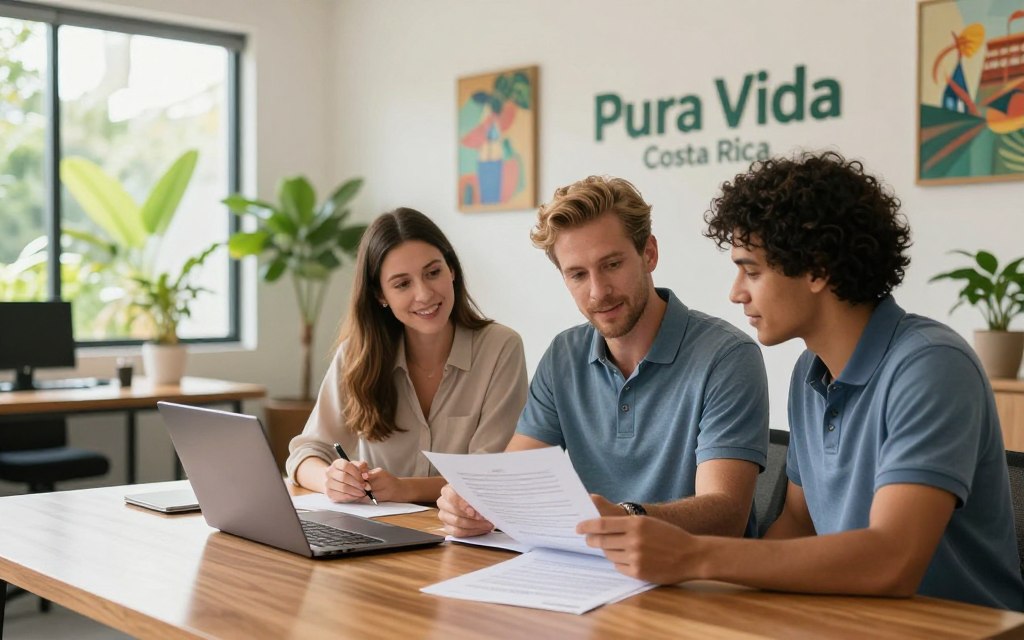 A professional setting showcasing the criteria for qualifying as a Rentista in Costa Rica. Foreground: A diverse group of three Caucasian individuals dressed in business casual attire (polo or button-down shirts) discussing documents and a laptop on a sleek wooden desk. Middle ground: A well-lit office space with potted plants and Costa Rican art on the walls, featuring the brand name "Pura Vida Costa Rica" subtly integrated into the decor. Background: Large windows providing a view of lush greenery outside, with soft sunlight streaming in, creating an inviting atmosphere. The composition should focus on the collaborative spirit and clarity of purpose, encapsulating the essence of the Rentista qualification criteria in a friendly, professional manner.