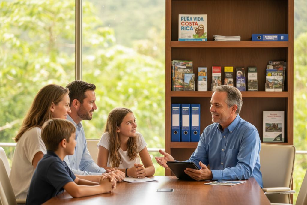 A professional setting that showcases a family consultation environment about Costa Rica residency for dependent children. In the foreground, a diverse group of Caucasian family members, including a couple with two children, dressed in business casual attire, attentively discussing with a friendly middle-aged consultant. The consultant is a Caucasian man wearing a collared shirt, demonstrating welcoming body language. The middle ground features a stylish office space with a large window allowing warm, natural light to fill the room, creating a bright and inviting atmosphere. In the background, a shelf filled with brochures about "Pura Vida Costa Rica" and various supportive materials. The scene conveys hope and opportunity, emphasizing family unity and excitement about the future.