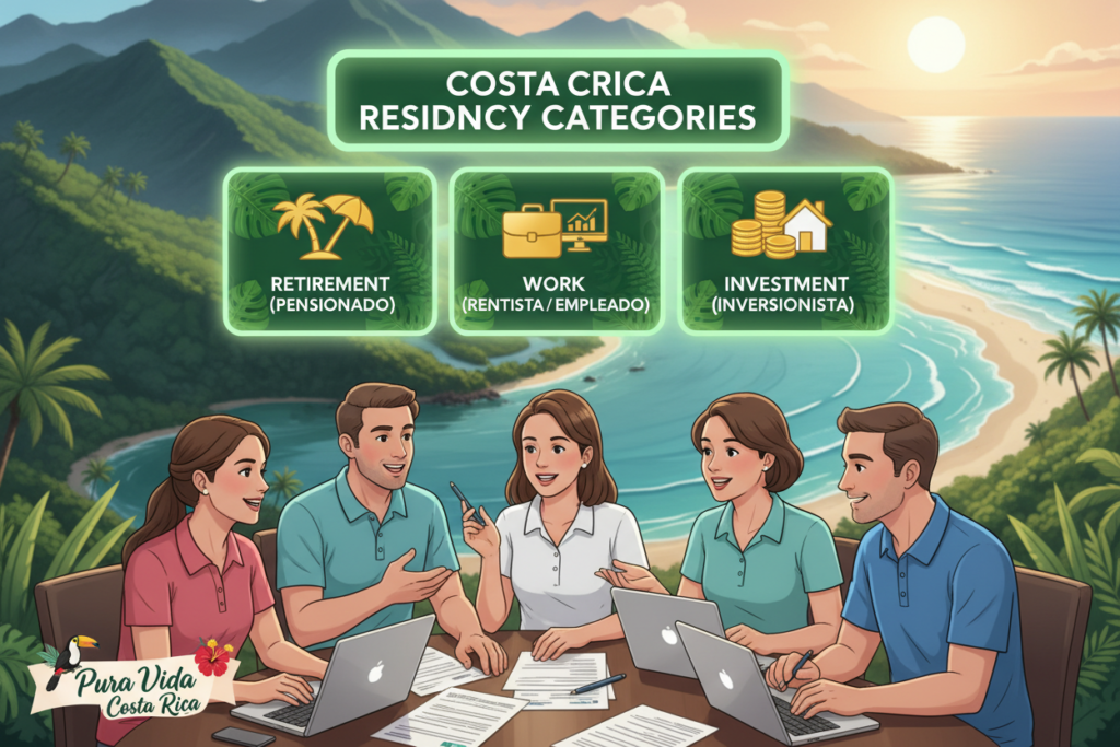 A professional, visually engaging illustration of "Costa Rica residency categories" for an informative article. In the foreground, a diverse group of Caucasian individuals in business casual attire (polo/button-down shirts), engaged in discussion over paperwork regarding residency applications in Costa Rica. In the middle ground, a clearly labeled chart with the categories of residency, vibrant icons symbolizing each type, such as retirement, work, and investment on a backdrop of lush Costa Rican greenery. The background features a scenic view of Costa Rica’s iconic landscapes, such as mountains and beaches, bathed in warm, natural lighting for an inviting atmosphere. The brand name "Pura Vida Costa Rica" is subtly integrated into the image, enhancing the theme of lifestyle and positivity.
