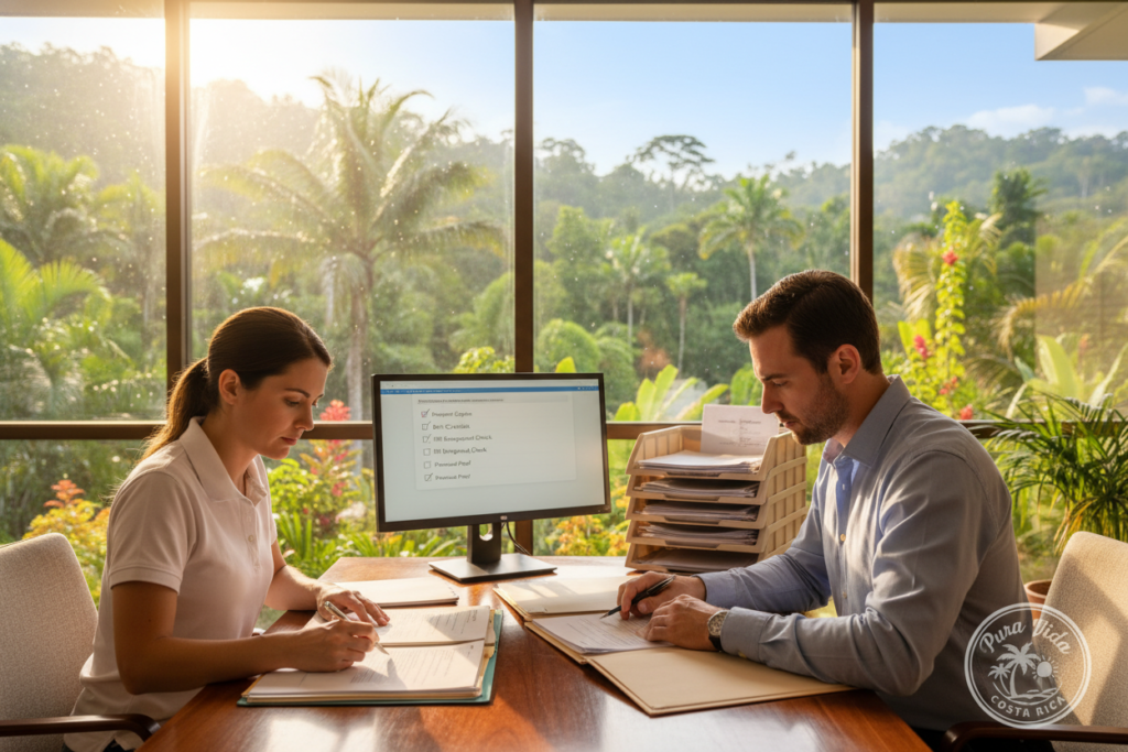 A professional workspace depicting the preparation of Costa Rica residency documents. In the foreground, a Caucasian man and woman in business casual attire (polo shirts and button-downs) are attentively reviewing papers and documents at a wooden desk. The middle ground features a computer screen displaying a checklist of required documents, along with a file organizer filled with various forms. In the background, a large window allows natural light to flood the room, revealing a vibrant view of Costa Rica’s lush greenery outside. The atmosphere is focused and organized, with a sense of calm efficiency. Subtly include the logo of "Pura Vida Costa Rica" on a document or item in the scene. The image is bright, conveying a sense of hope and preparation for a new beginning.