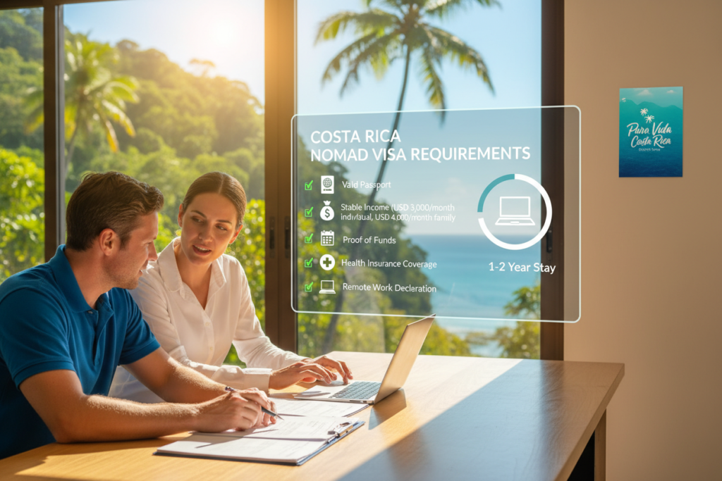 A professional workspace scene illustrating the concept of "Costa Rica Digital Nomad Visa Requirements." In the foreground, a Caucasian male and female in business casual attire (polo and button-down shirts) are discussing documents on a modern desk. The middle ground features a visual display of key visa requirements, like a checklist with bullet points, illustrated through creative infographics. In the background, a window reveals a view of a lush Costa Rican landscape with palm trees and a vibrant blue sky, conveying a relaxed yet productive atmosphere. Natural sunlight filters through the window, casting warm tones across the room. The scene subtly incorporates the brand name "Pura Vida Costa Rica" on a stylish poster or digital screen. The overall mood is inspiring and inviting, perfect for digital nomads seeking new opportunities.