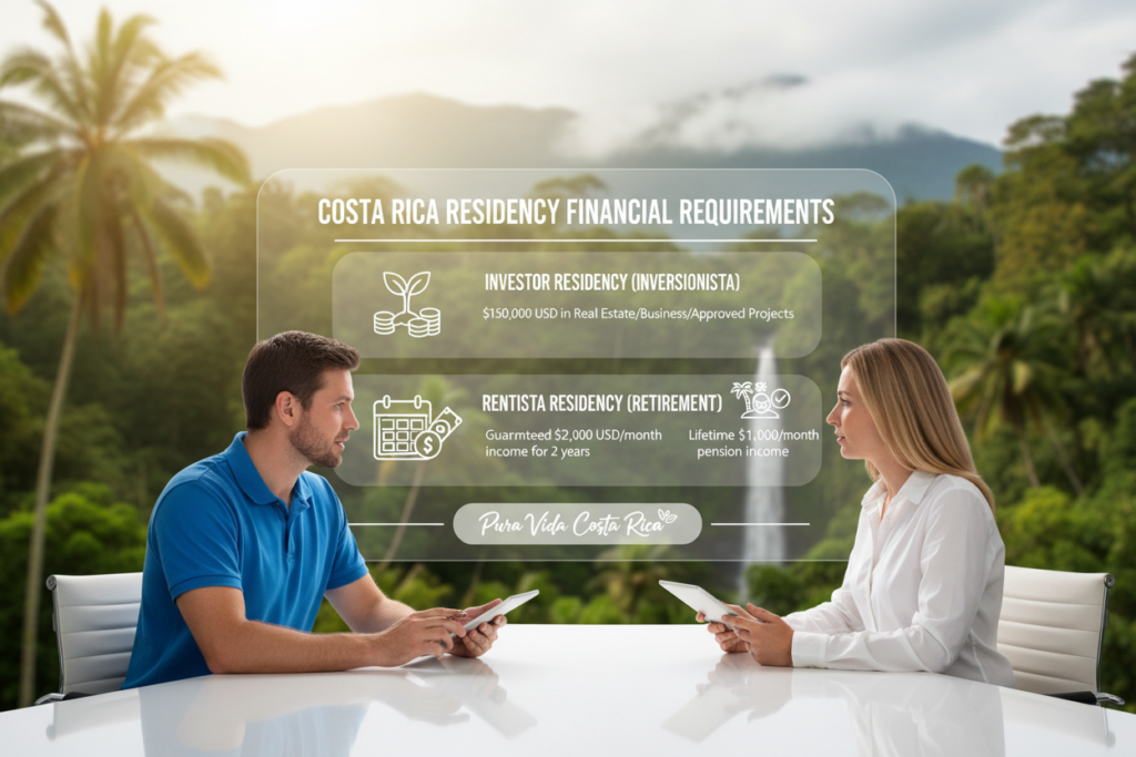 A professionally designed infographic representing the financial requirements for Costa Rica residency categories, featuring a clear layout. In the foreground, a Caucasian male and female staff member dressed in business casual attire (polo/button-down shirts, no ties or suits) are discussing the requirements at a sleek, modern desk. In the middle, illustrated charts and icons detail each residency category and its corresponding financial criteria, labeled clearly. The background showcases lush green Costa Rican scenery, adding a vibrant touch, with soft natural lighting illuminating the scene. The overall mood is informative and inviting, creating a sense of clarity around the topic. Include the brand name "Pura Vida Costa Rica" subtly incorporated into the design without detracting from the information presented.