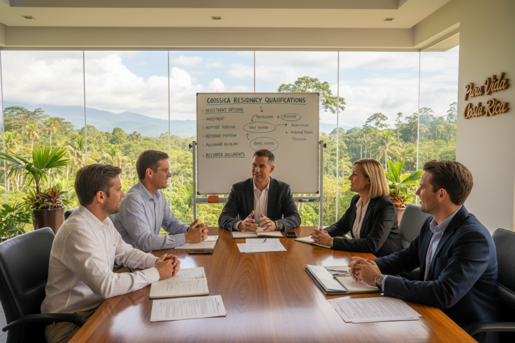 A professionally designed office space in Costa Rica, showcasing a meeting between a group of Caucasian individuals in business casual attire, discussing Costa Rica residency qualifications. In the foreground, a large wooden conference table holds documents related to residency requirements. The individuals are engaged in conversation, with attentive expressions, reflecting a professional atmosphere. The middle layer features a large whiteboard displaying key terms like "Residency," "Investment," and "Qualifications," illustrated in a clear, organized manner. In the background, large windows reveal a lush tropical landscape, embodying the beauty of Costa Rica. Soft, natural lighting filters through the windows, creating a warm and inviting ambiance. A sign in the room reads "Pura Vida Costa Rica," subtly enhancing the sense of place. The overall mood is professional yet relaxed, suitable for informative discussion.