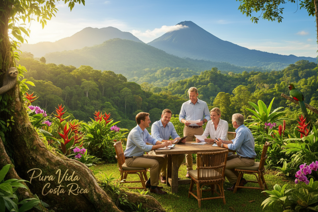 A scenic landscape of Costa Rica, showcasing lush green hills and vibrant tropical vegetation. In the foreground, a diverse group of Caucasian individuals dressed in business casual attire—polo shirts and button-downs—gather around a table with paperwork, discussing residency options amidst a backdrop of a tranquil outdoor setting. The middle ground features colorful local flora and fauna, while the distant background displays the majestic silhouette of rainforested mountains under a sunny sky. The lighting is warm and inviting, with soft rays of sunlight filtering through the trees, creating an atmosphere of openness and opportunity. Include the phrase "Pura Vida Costa Rica" subtly integrated into the natural elements, emphasizing a sense of community and life in this beautiful country. A scenic landscape of Costa Rica, showcasing lush green hills and vibrant tropical vegetation. In the foreground, a diverse group of Caucasian individuals dressed in business casual attire—polo shirts and button-downs—gather around a table with paperwork, discussing residency options amidst a backdrop of a tranquil outdoor setting. The middle ground features colorful local flora and fauna, while the distant background displays the majestic silhouette of rainforested mountains under a sunny sky. The lighting is warm and inviting, with soft rays of sunlight filtering through the trees, creating an atmosphere of openness and opportunity. Include the phrase "Pura Vida Costa Rica" subtly integrated into the natural elements, emphasizing a sense of community and life in this beautiful country.